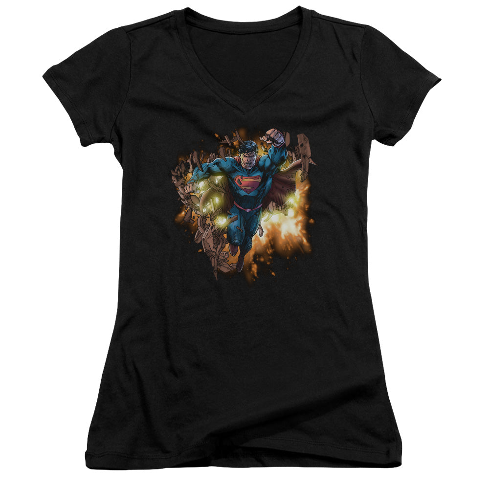 Superman Blasting Through Junior Sheer Cap Sleeve V Neck Womens T Shirt Black