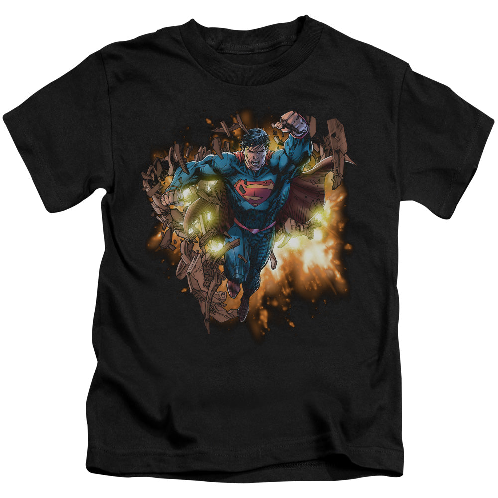 Superman Blasting Through Juvenile Kids Youth T Shirt Black