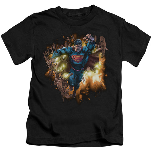 Superman Blasting Through Juvenile Kids Youth T Shirt Black