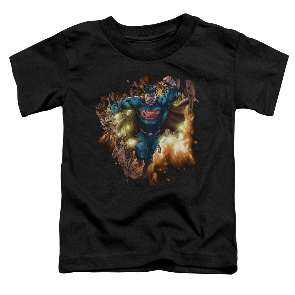 Superman Blasting Through Toddler Kids Youth T Shirt Black