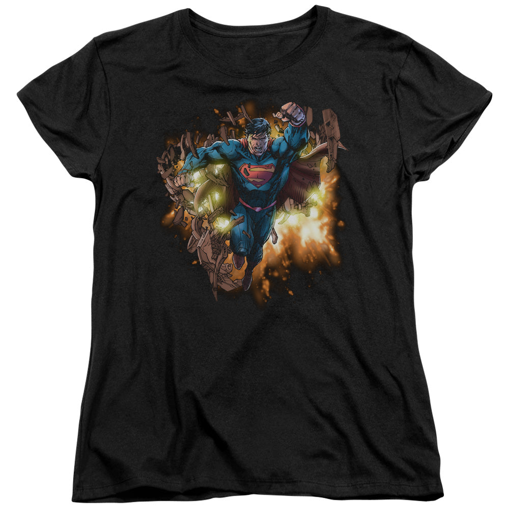 Superman Blasting Through Womens T Shirt Black