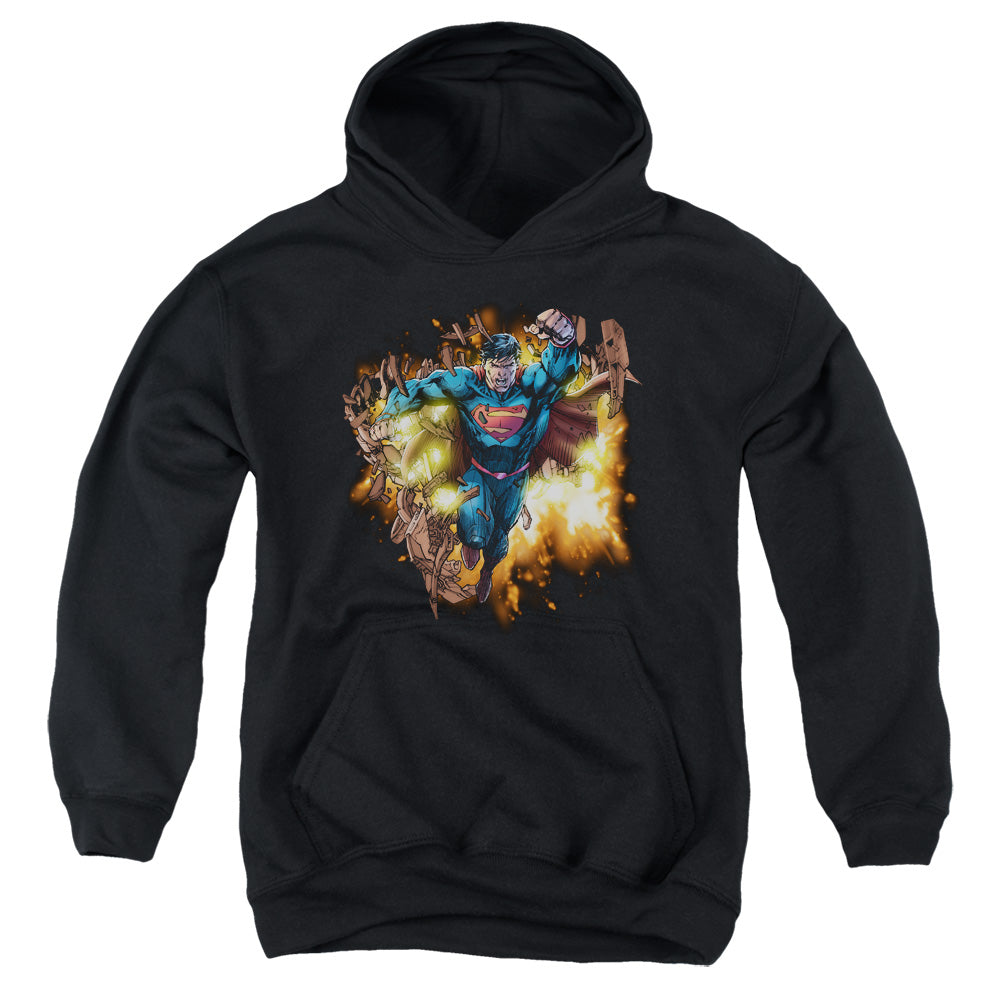 Superman Blasting Through Kids Youth Hoodie Black