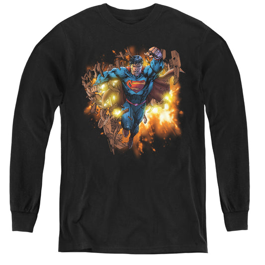 Superman Blasting Through Long Sleeve Kids Youth T Shirt Black