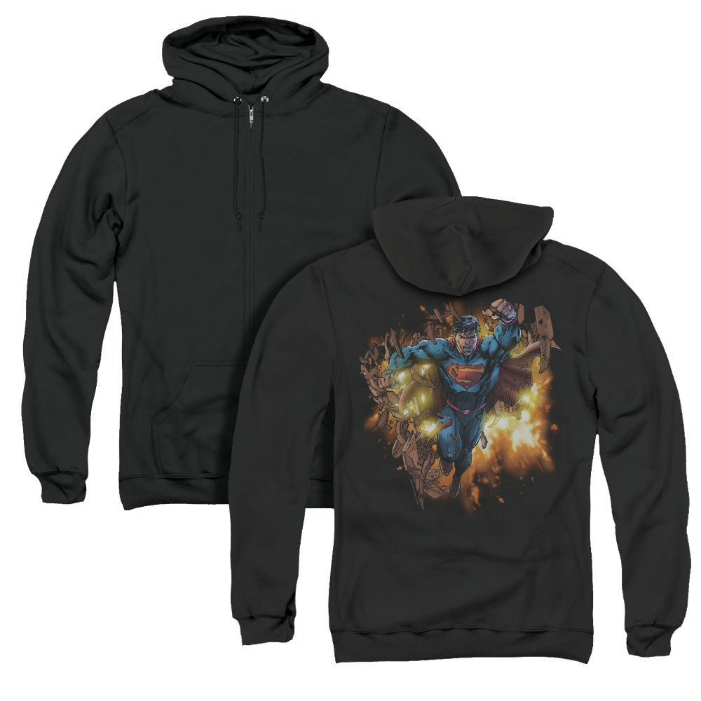 Superman Blasting Through Back Print Zipper Mens Hoodie Black