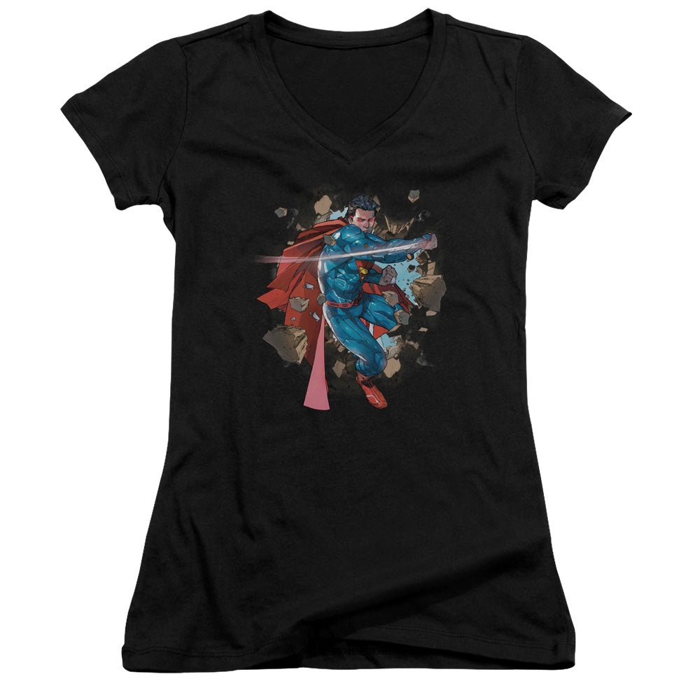 Superman Rock Breaker Junior Sheer Cap Sleeve V Neck Womens T Shirt Black