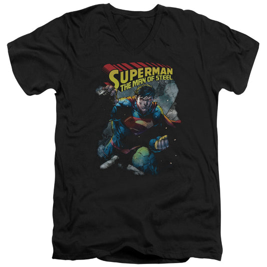 Superman Through The Rubble Mens Slim Fit V Neck T Shirt Black