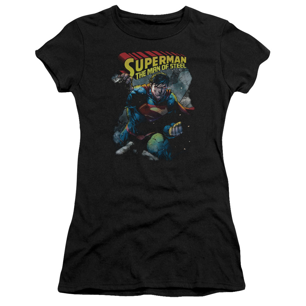 Superman Through The Rubble Junior Sheer Cap Sleeve Womens T Shirt Black