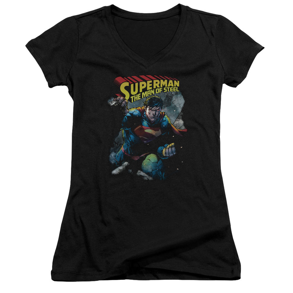 Superman Through The Rubble Junior Sheer Cap Sleeve V Neck Womens T Shirt Black