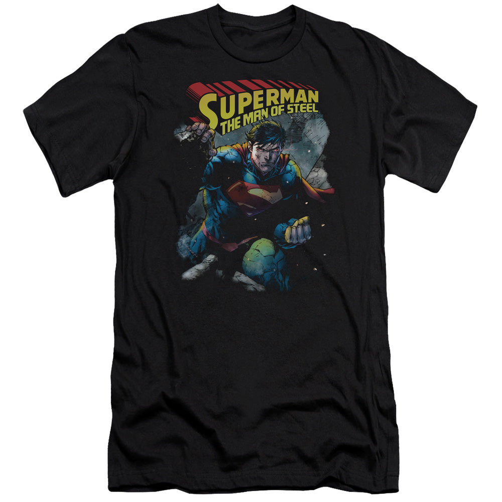 Superman Through The Rubble Premium Bella Canvas Slim Fit Mens T Shirt Black