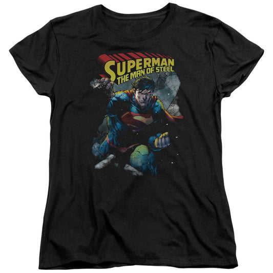 Superman Through The Rubble Womens T Shirt Black