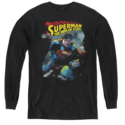 Superman Through The Rubble Long Sleeve Kids Youth T Shirt Black