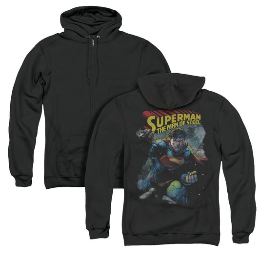 Superman Through The Rubble Back Print Zipper Mens Hoodie Black