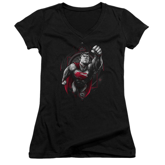 Superman Propaganda Superman Junior Sheer Cap Sleeve V Neck Womens T Shirt Black