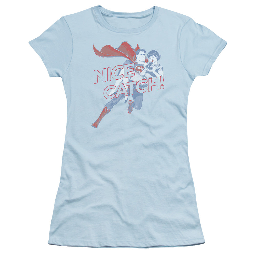 Superman Nice Catch Junior Sheer Cap Sleeve Womens T Shirt Light Blue