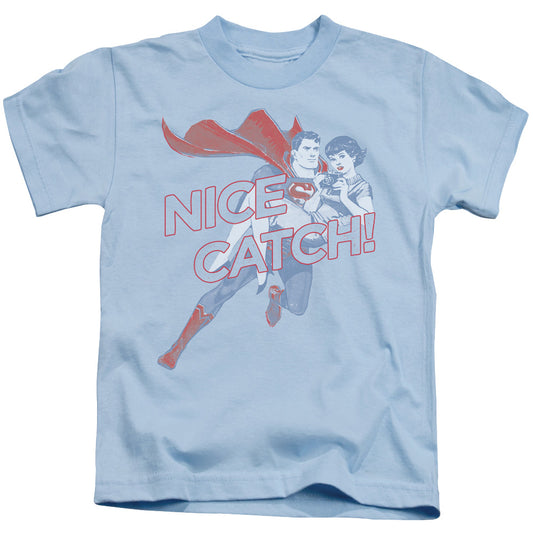 Superman Nice Catch Juvenile Kids Youth T Shirt Light Blue