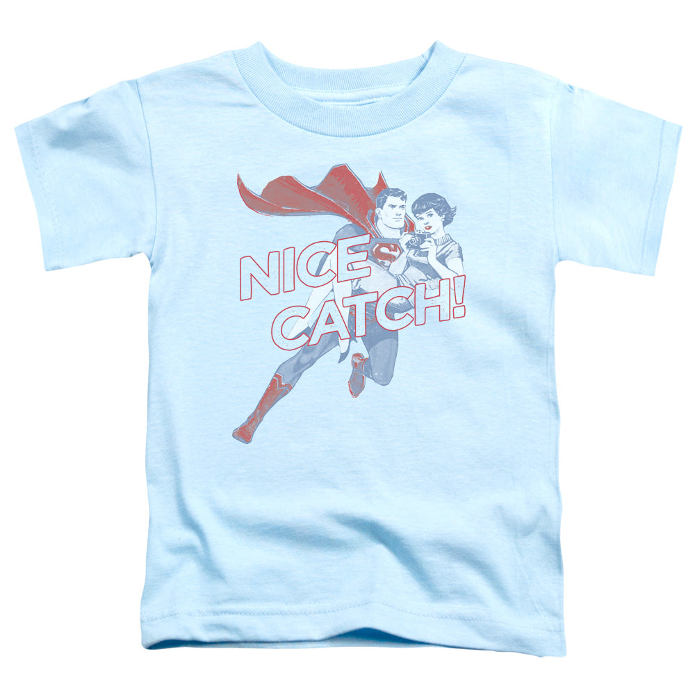 Superman Nice Catch Toddler Kids Youth T Shirt Light Blue