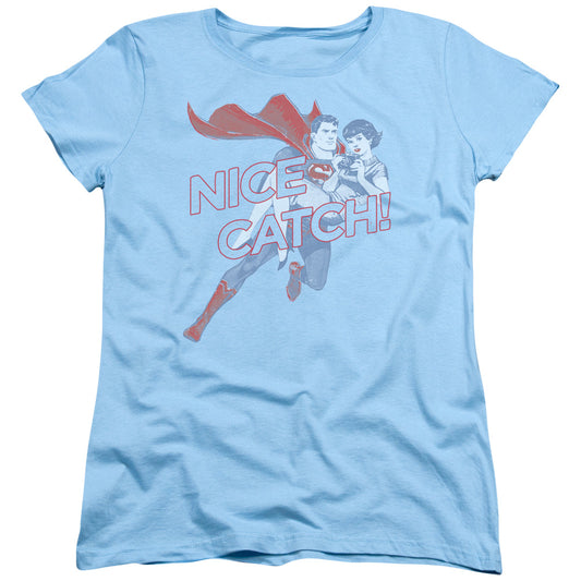 Superman Nice Catch Womens T Shirt Light Blue