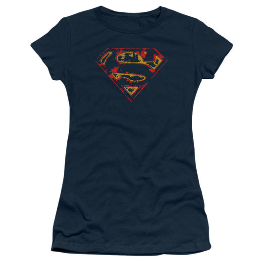 Superman Super Distressed Junior Sheer Cap Sleeve Womens T Shirt Navy