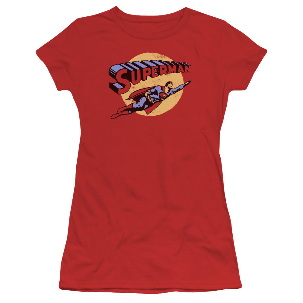 Superman Fly By Junior Sheer Cap Sleeve Womens T Shirt Red