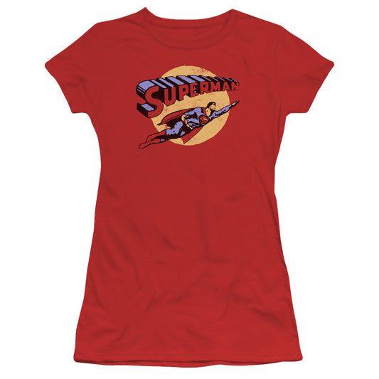 Superman Fly By Junior Sheer Cap Sleeve Womens T Shirt Red