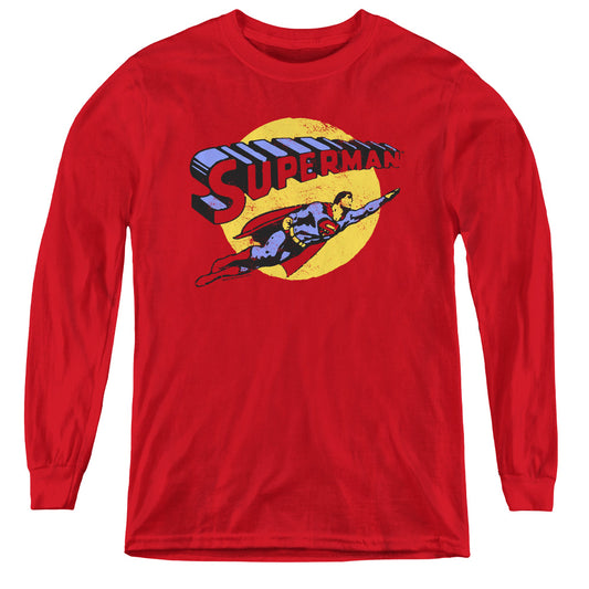 Superman Fly By Long Sleeve Kids Youth T Shirt Red