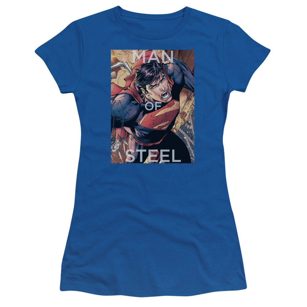 Superman Flight Of Steel Junior Sheer Cap Sleeve Womens T Shirt Royal Blue