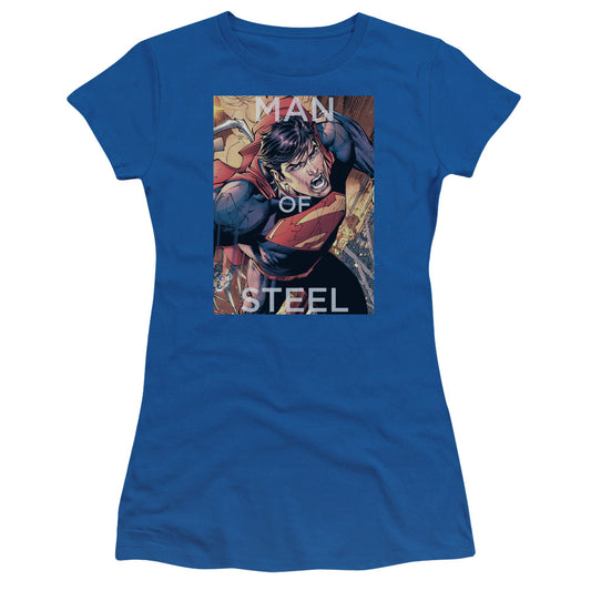 Superman Flight Of Steel Junior Sheer Cap Sleeve Womens T Shirt Royal Blue