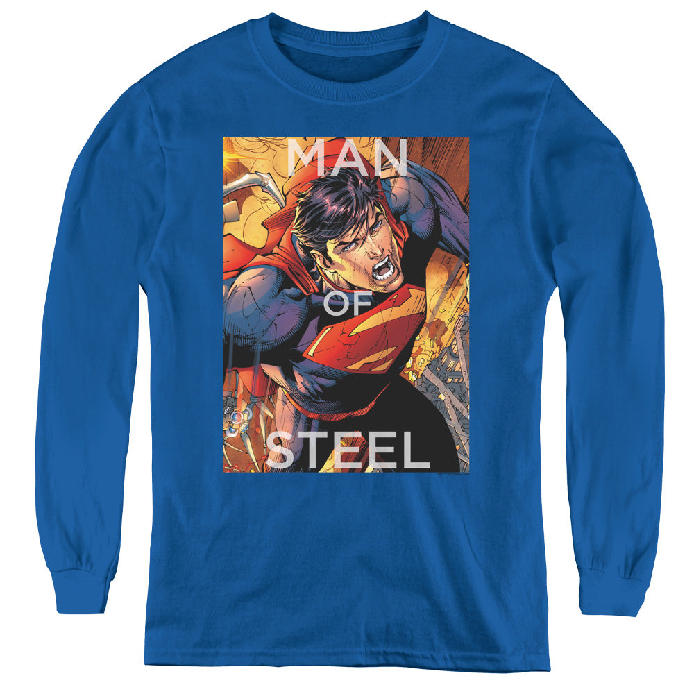 Superman Flight Of Steel Long Sleeve Kids Youth T Shirt Royal Blue