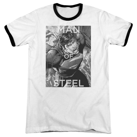 Superman Flight Of Steel Heather Ringer Mens T Shirt White Black