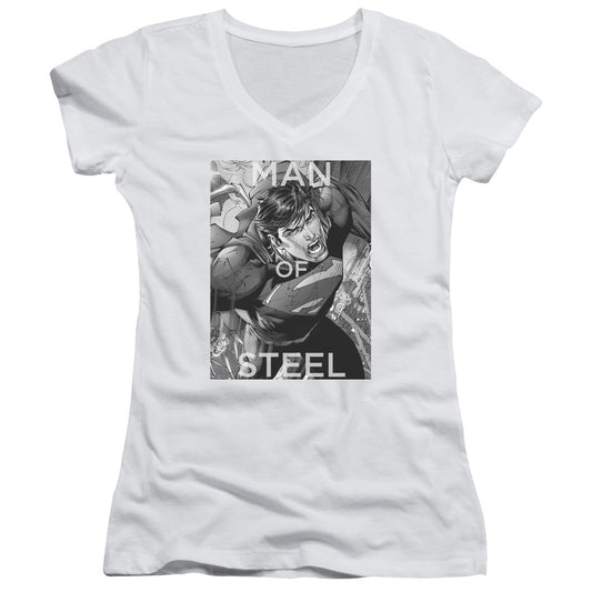 Superman Flight Of Steel Junior Sheer Cap Sleeve V Neck Womens T Shirt White