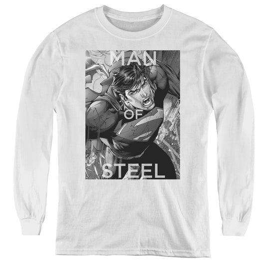 Superman Flight Of Steel Long Sleeve Kids Youth T Shirt White