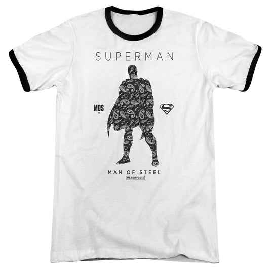 Superman Paisley Sihouette Heather Ringer Mens T Shirt White Black