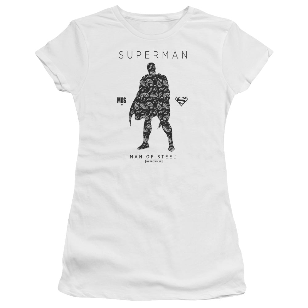 Superman Paisley Sihouette Junior Sheer Cap Sleeve Womens T Shirt White