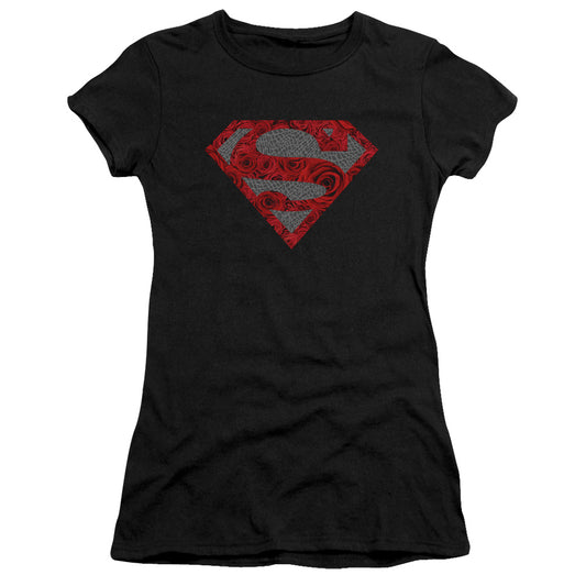 Superman Elephant Rose Shield Junior Sheer Cap Sleeve Womens T Shirt Black