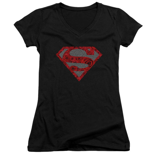 Superman Elephant Rose Shield Junior Sheer Cap Sleeve V Neck Womens T Shirt Black