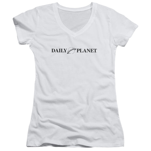 Superman Daily Planet Logo Junior Sheer Cap Sleeve V Neck Womens T Shirt White