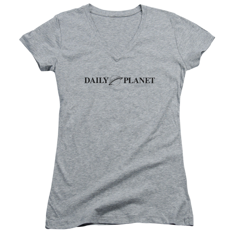 Superman Daily Planet Logo Junior Sheer Cap Sleeve V Neck Womens T Shirt Athletic Heather