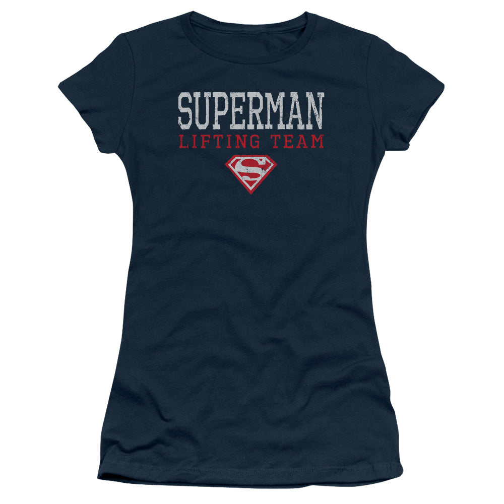 Superman Lifting Team Junior Sheer Cap Sleeve Womens T Shirt Navy