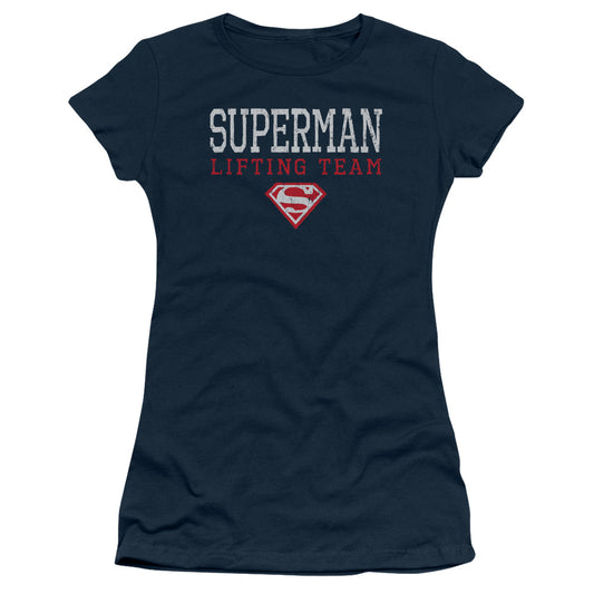 Superman Lifting Team Junior Sheer Cap Sleeve Womens T Shirt Navy