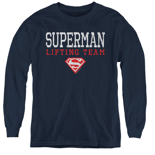 Superman Lifting Team Long Sleeve Kids Youth T Shirt Navy