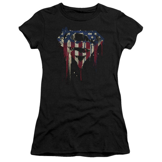 Superman Bleeding Shield Junior Sheer Cap Sleeve Womens T Shirt Black