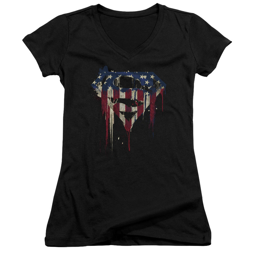 Superman Bleeding Shield Junior Sheer Cap Sleeve V Neck Womens T Shirt Black