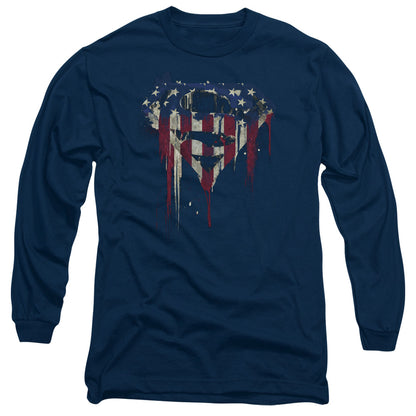 Superman Bleeding Shield Mens Long Sleeve Shirt Navy