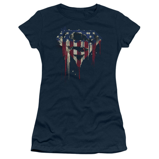 Superman Bleeding Shield Junior Sheer Cap Sleeve Womens T Shirt Navy