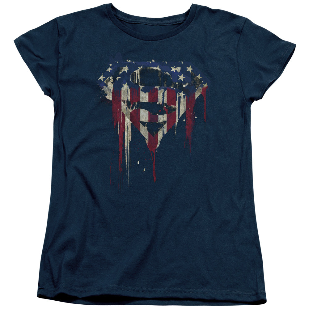 Superman Bleeding Shield Womens T Shirt Navy