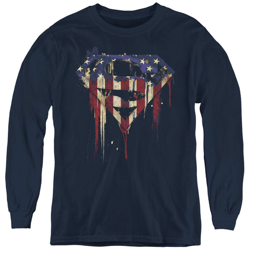 Superman Bleeding Shield Long Sleeve Kids Youth T Shirt Navy