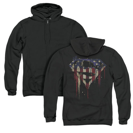 Superman Bleeding Shield Back Print Zipper Mens Hoodie Black