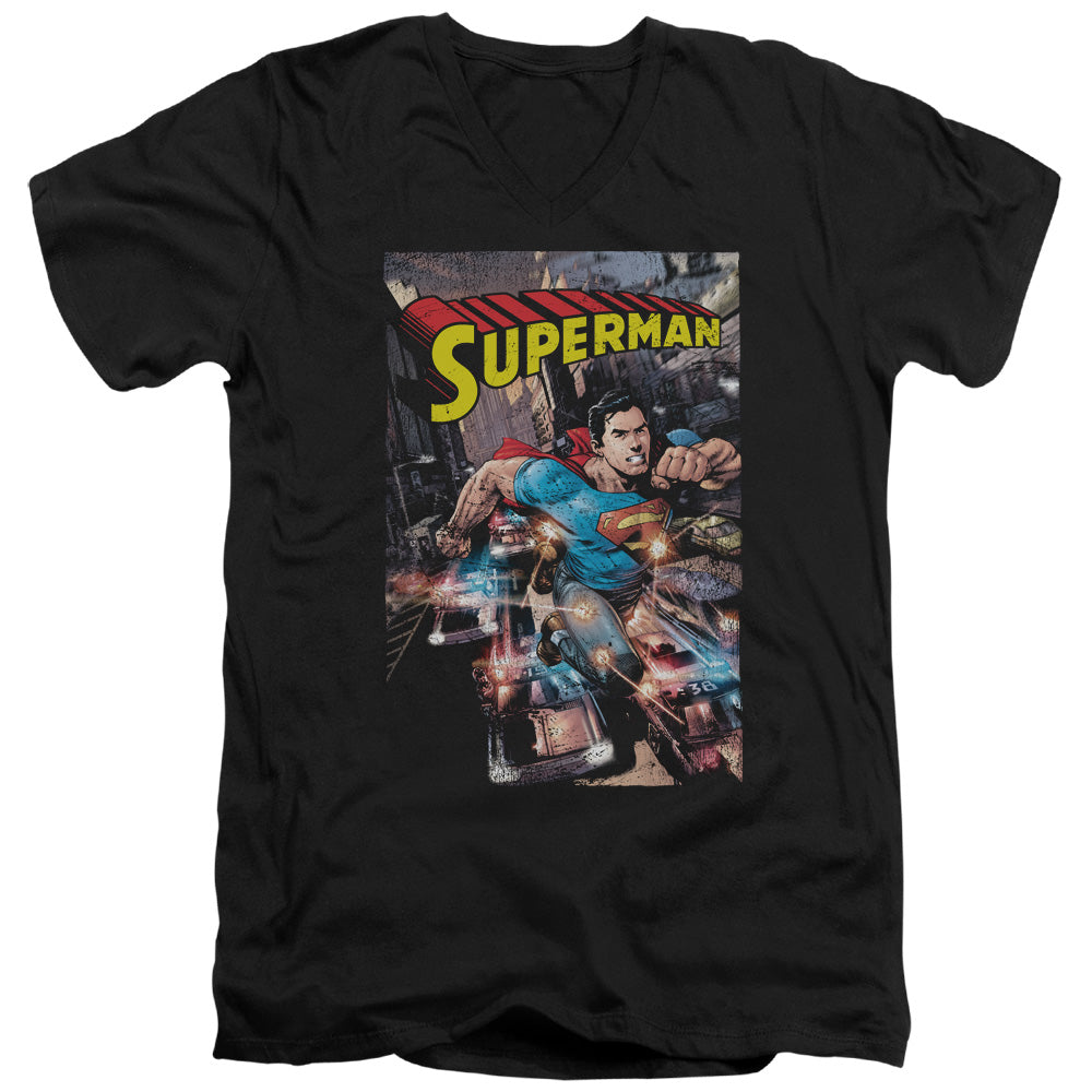 Superman Action One Mens Slim Fit V Neck T Shirt Black