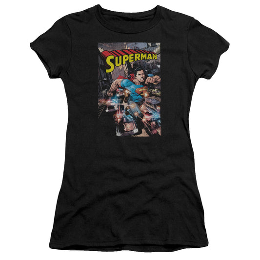 Superman Action One Junior Sheer Cap Sleeve Womens T Shirt Black