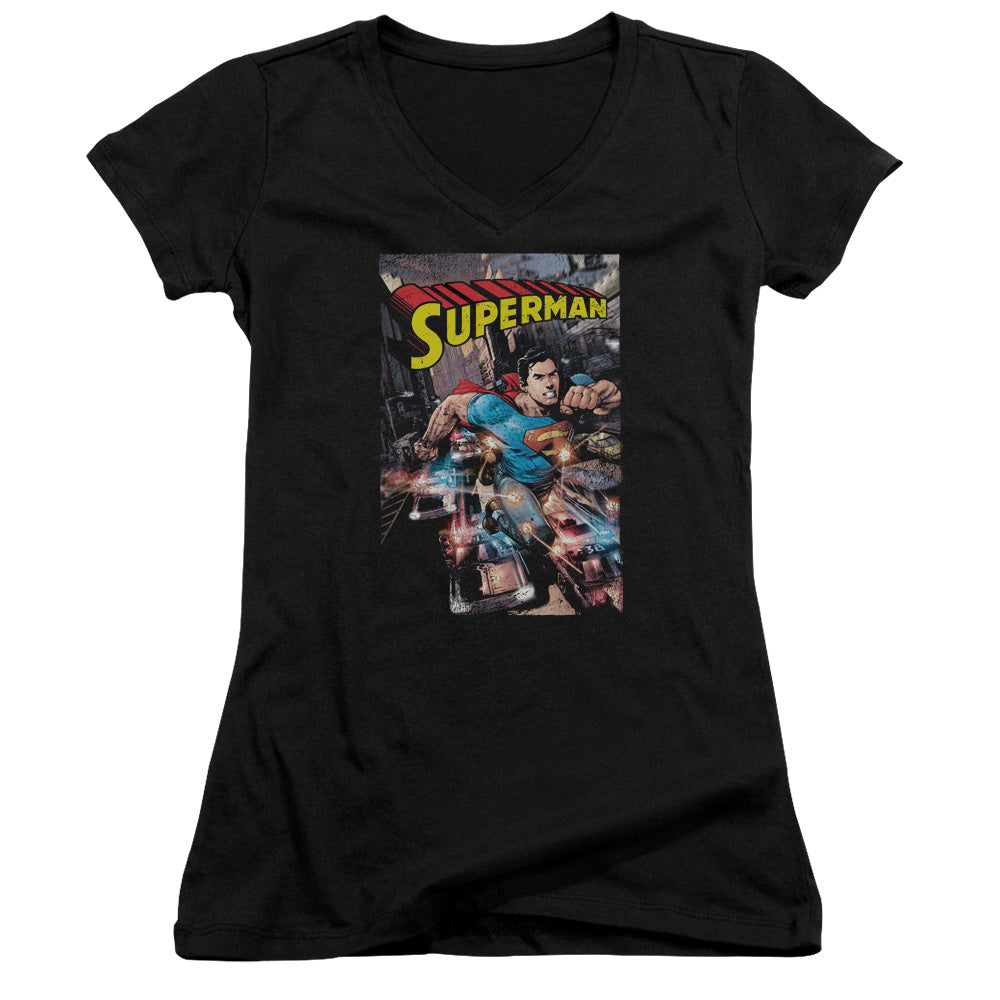 Superman Action One Junior Sheer Cap Sleeve V Neck Womens T Shirt Black